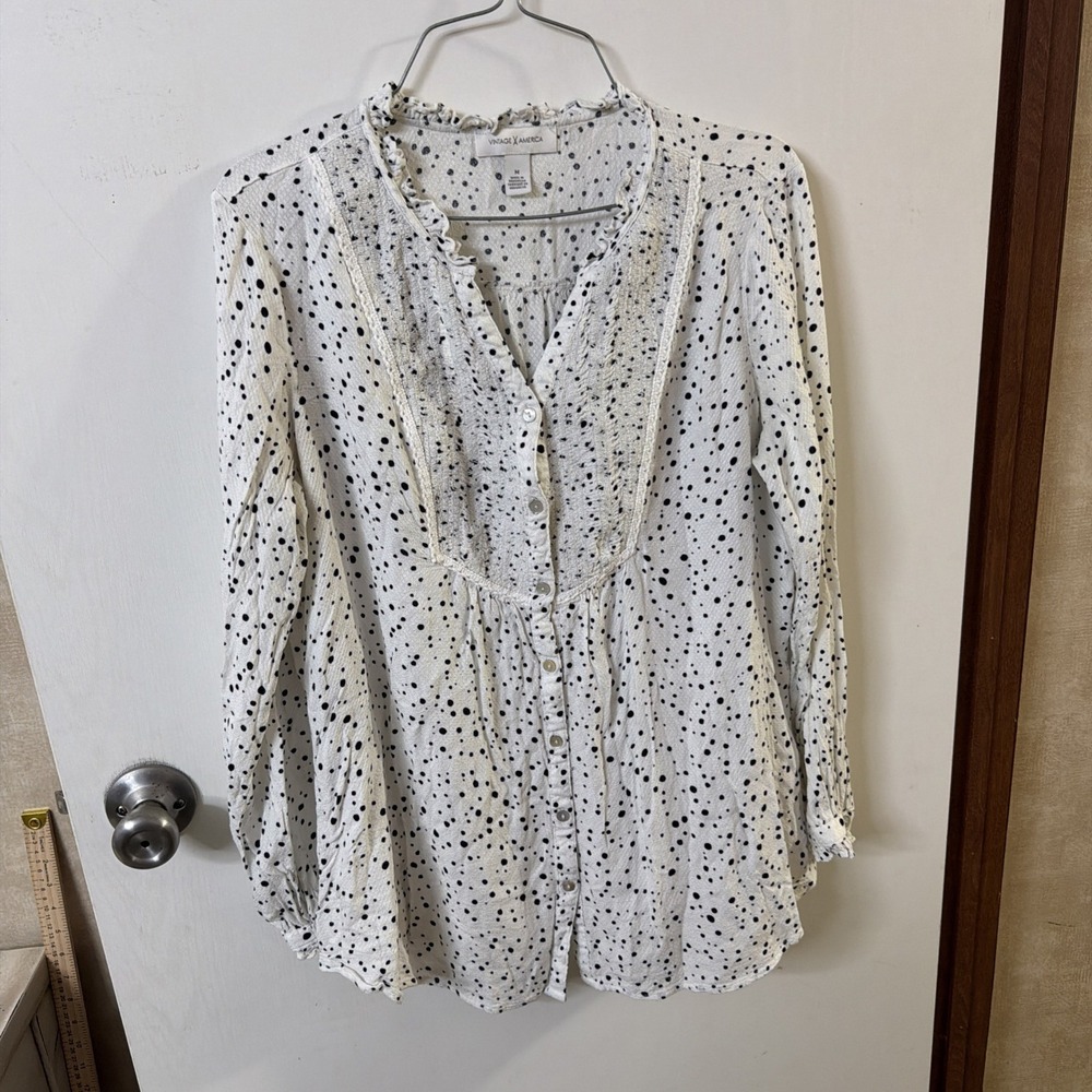 Vintage X America Button Down Blouse White Black Confetti Polka Dots M/L